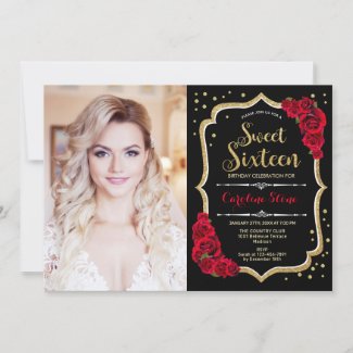 Sweet 16 Birthday With Photo - Black Red Gold Invitation