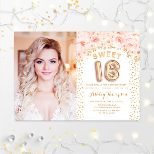 Sweet 16 Birthday With Photo - Gold Pink Floral Invitation