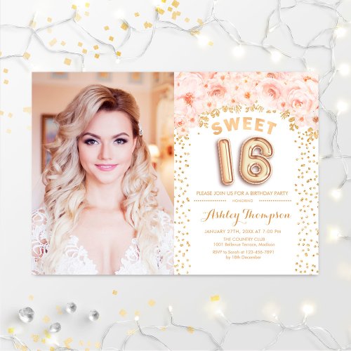 Sweet 16 Birthday With Photo _ Gold Pink Floral Invitation