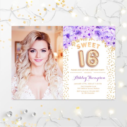 Sweet 16 Birthday With Photo _ Gold Purple Floral Invitation