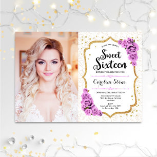 Sweet 16 Birthday With Photo - Gold White Purple Invitation