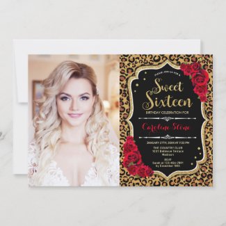 Sweet 16 Birthday With Photo Leopard Red Gold Invitation