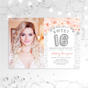 Sweet 16 Birthday With Photo - Silver Pink Floral Invitation