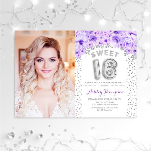 Sweet 16 Birthday With Photo Silver Purple Floral Invitation