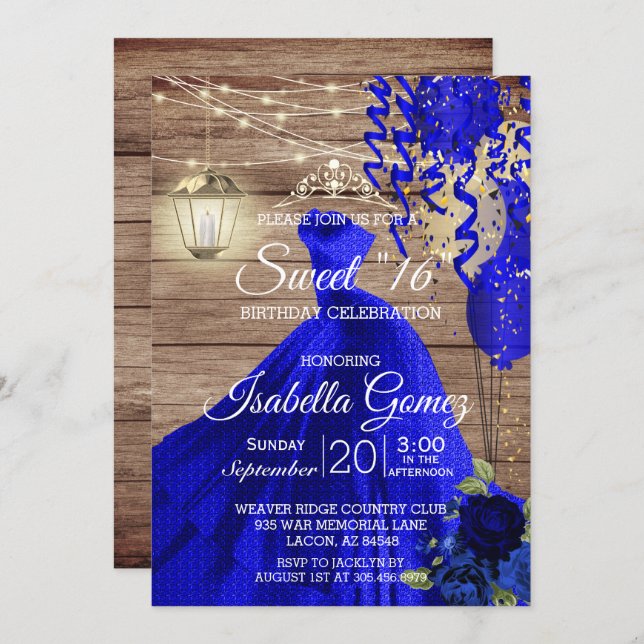 Sweet 16 Birthday - Wood and Blue Flowers Invitation (Front/Back)