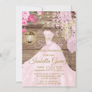 Sweet 16 Birthday - Wood and Pink Flowers Invitation