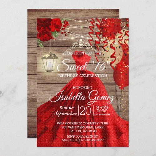 Sweet 16 Birthday _ Wood and Red Flowers Invitation