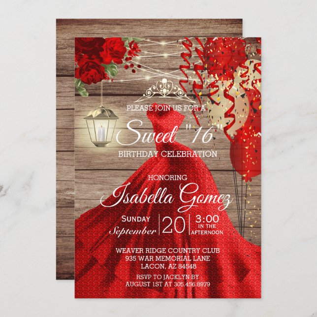 Sweet 16 Birthday - Wood and Red Flowers Invitation (Front/Back)