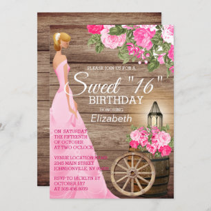 Sweet 16 Birthday - Wood Barrel & Pink Flowers Invitation