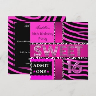 Sweet 16 Birthday Zebra Cow Hot Pink Black Invitation