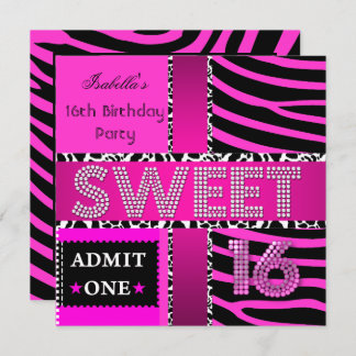 Sweet 16 Birthday Zebra Cow Hot Pink Black Invitation