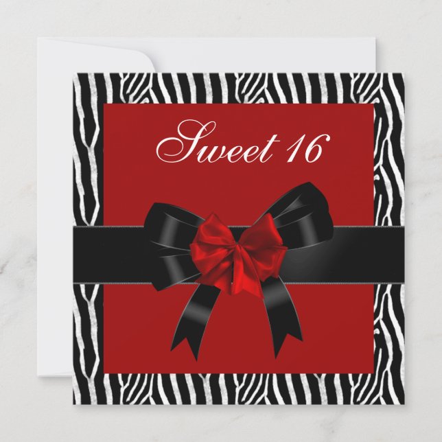 Sweet 16 Birthday Zebra Red Black White Bow Invitation (Front)