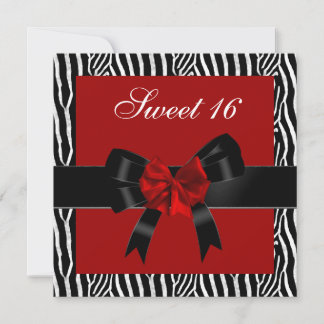 Sweet 16 Birthday Zebra Red Black White Bow Invitation