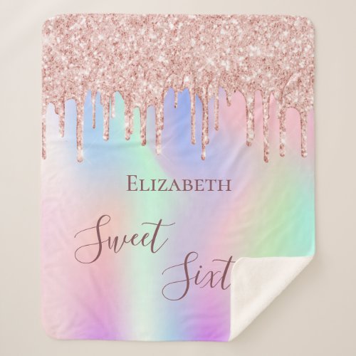 Sweet 16 bkush pink purple rose gold glitter name sherpa blanket