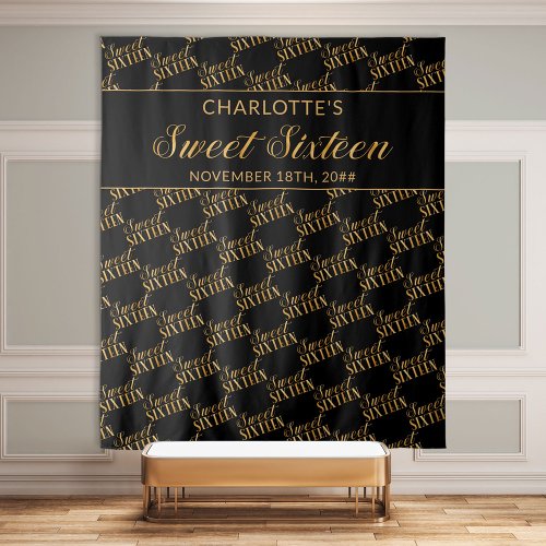 Sweet 16 Black and Gold Birthday Party Backdrop