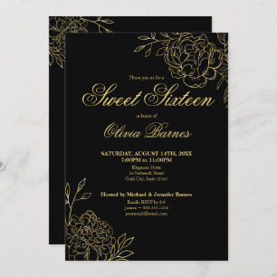 Sweet 16 Black and Gold Line Art Flowers Floral Invitation