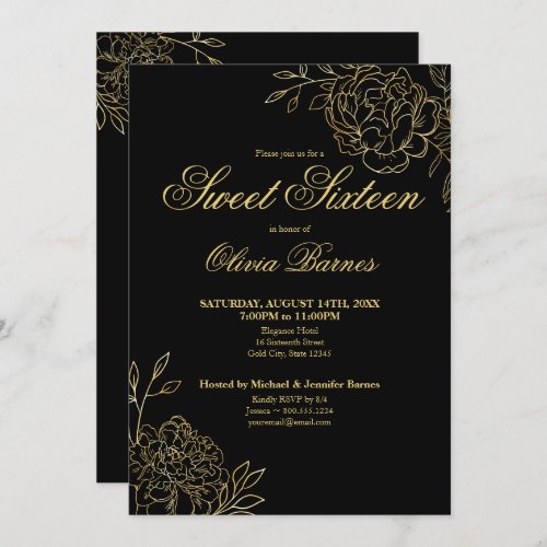 Sweet 16 Black and Gold Line Art Flowers Floral Invitation