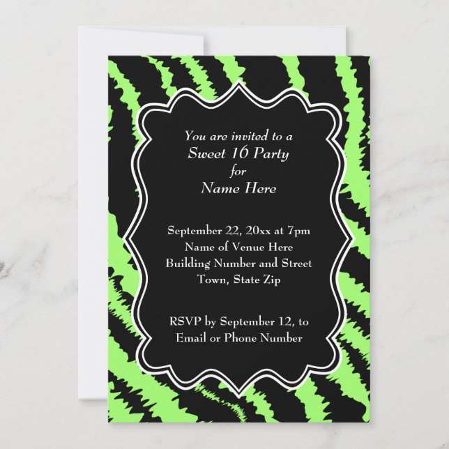 Sweet 16 Black and Lime Green Zebra Pattern Invitation (Front)