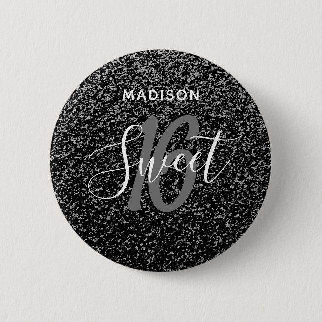 Sweet 16 Black and Silver Specks Personalized Button (Front)