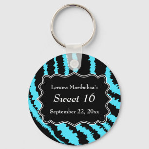 Sweet 16 Black and Turquoise Zebra Pattern Keychain