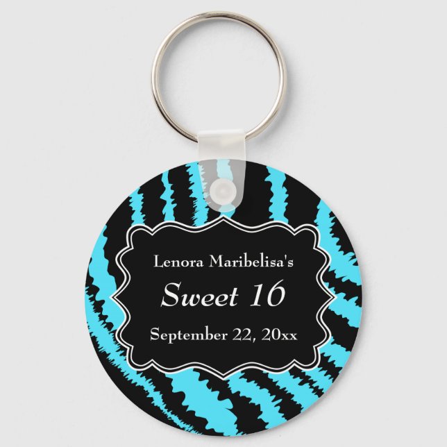 Sweet 16 Black and Turquoise Zebra Pattern Keychain (Front)