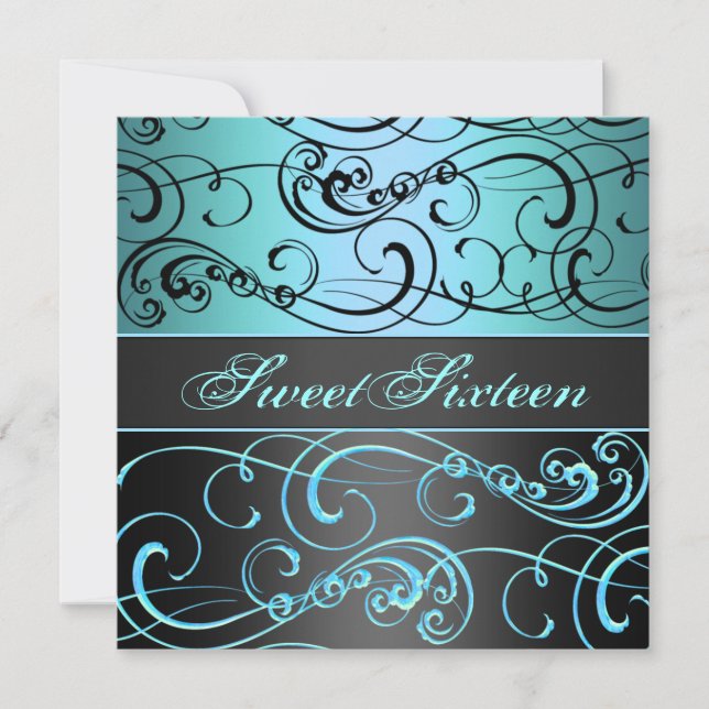Sweet 16 Black/Blue Swirl Birthday Invitation (Front)