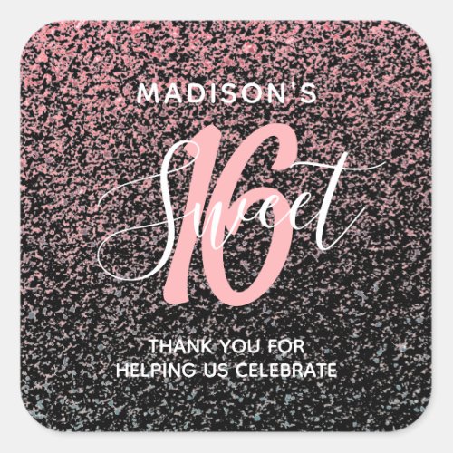 Sweet 16 Black Blush Pink Glitter Thank You Name Square Sticker