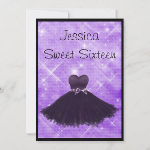 Sweet 16 Black Dress Purple Silver Glitter 3 Invitation