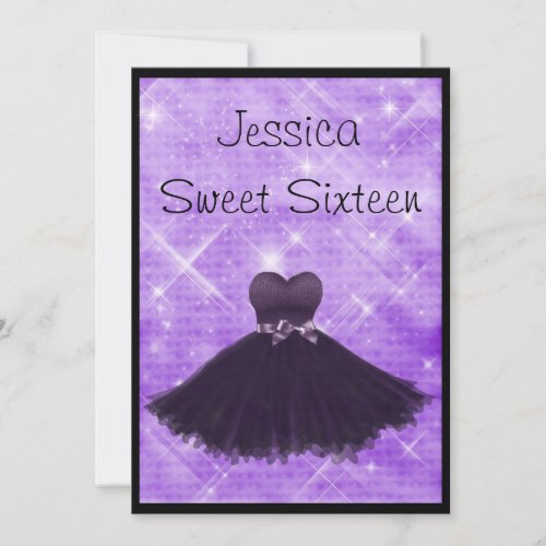 Sweet 16 Black Dress Purple Silver Glitter 3 Custom Invitation
