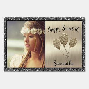 Sweet 16 Black Glitter Balloons Happy Birthday Sign