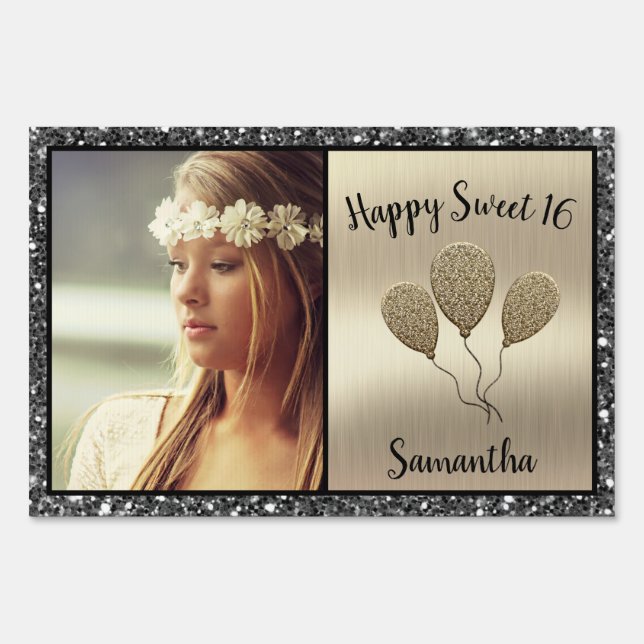 Sweet 16 Black Glitter Balloons Happy Birthday Sign (Front)