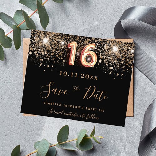 Sweet 16 black glitter budget save the date flyer
