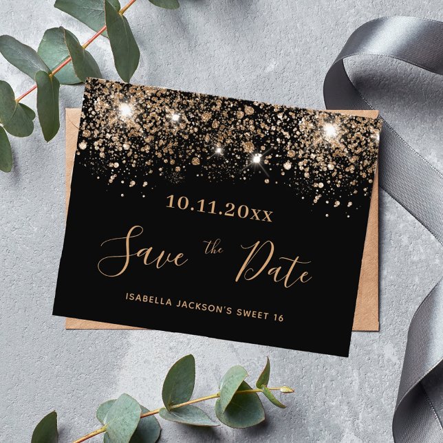 Sweet 16 black glitter budget save the date flyer (Creator Uploaded)
