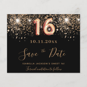 Sweet 16 black glitter save the date card