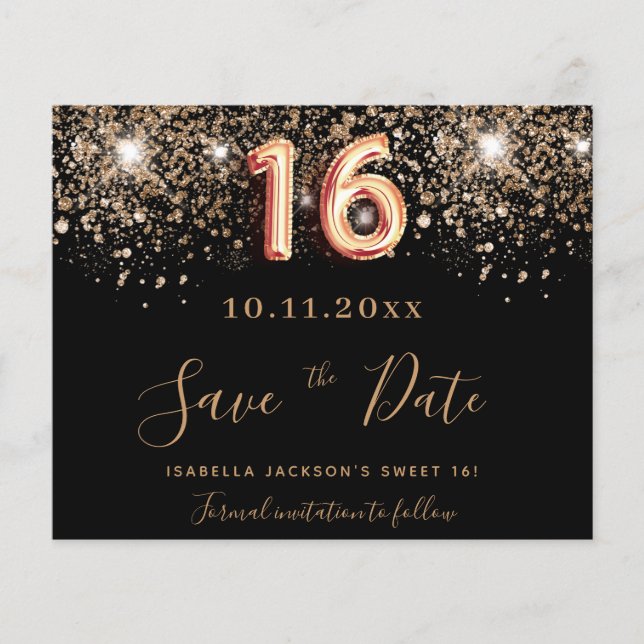 Sweet 16 black glitter save the date card (Front)