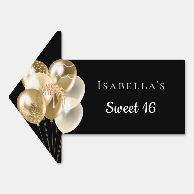 Sweet 16 black gold balloons name arrow sign (Front)