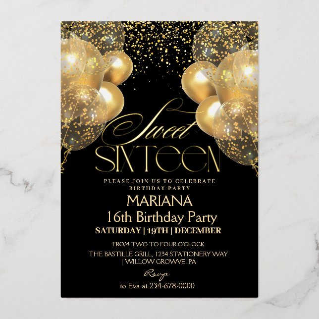  Sweet 16 Black & Gold Balloons Photo Birthday Foil Invitation (Front)