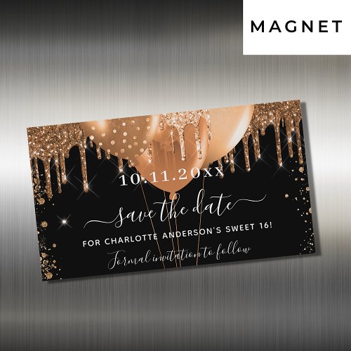 Sweet 16 black gold balloons save the date magnet