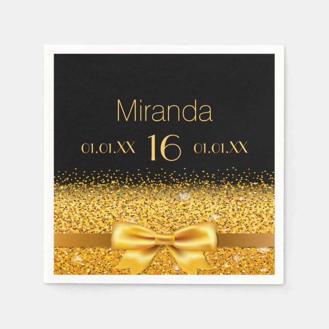 Sweet 16 black gold bow name napkins (Front)