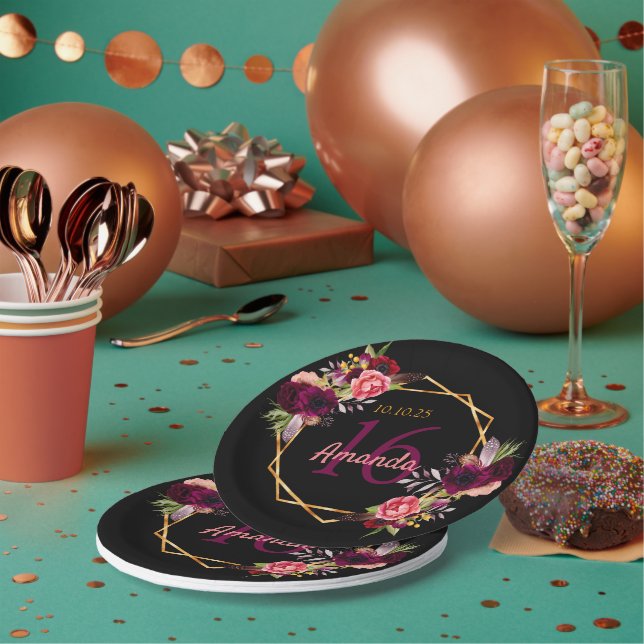 Sweet 16 black gold burgundy flowers paper plates (Multi)
