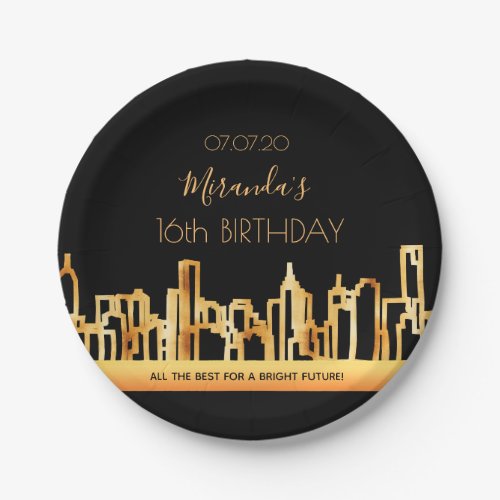 Sweet 16 black gold city skyline elegant paper plates