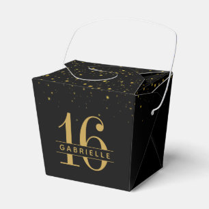 Sweet 16 Black Gold Confetti Personalized Takeout Favor Boxes