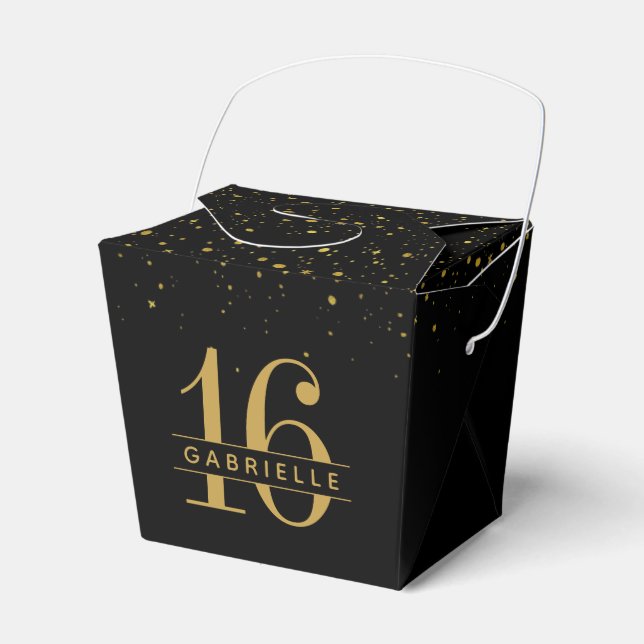 Sweet 16 Black Gold Confetti Personalized Takeout Favor Boxes (Front Side)