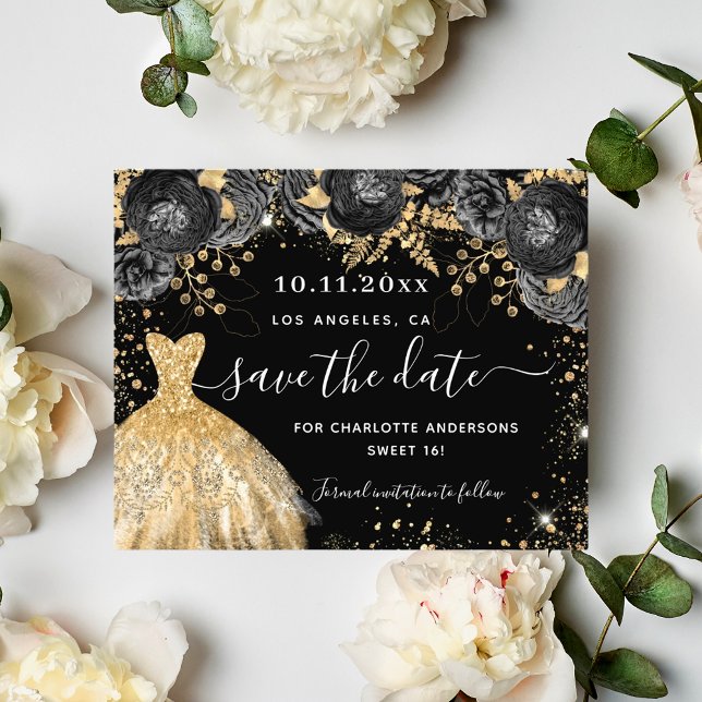 Sweet 16 black gold dress budget save the date flyer (Creator Uploaded)