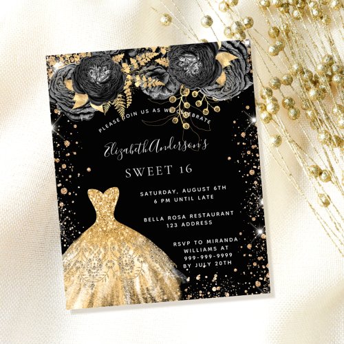 Sweet 16 black gold dress floral budget invitation flyer