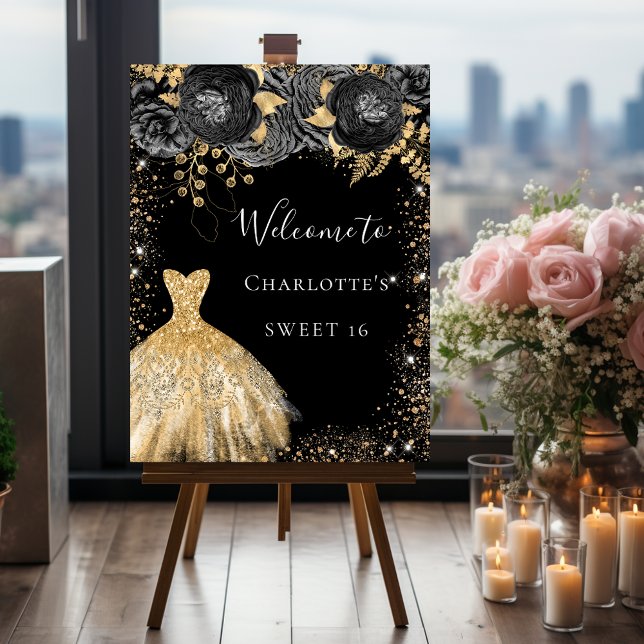 Sweet 16 black gold dress floral welcome foam board (Creator Uploaded)
