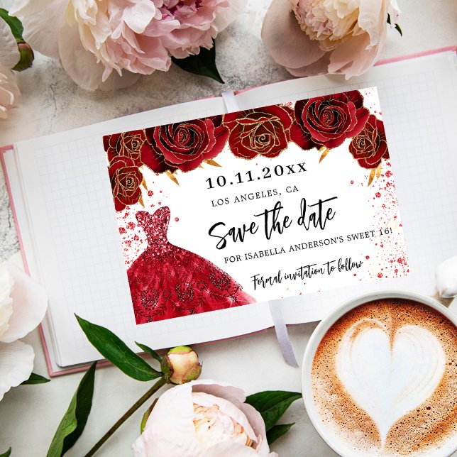 Sweet 16 black gold dress florals glamorous save the date (Creator Uploaded)