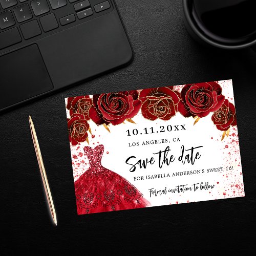 Sweet 16 black gold dress florals save the date announcement postcard