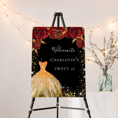 Sweet 16 black gold dress red floral  welcome foam board