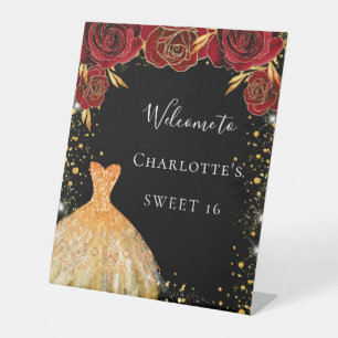 Sweet 16 black gold dress red floral welcome pedestal sign